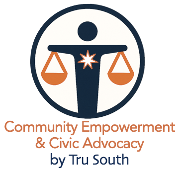 a logo of a figure holding scales representing the concept of community empowerment & civic advocacy