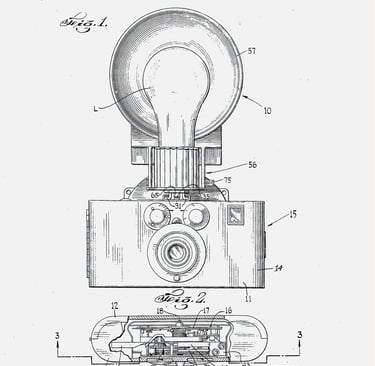 Vintage patent illustration of a flash camera.