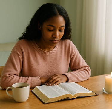Woman reading her Bible with coffee and candle — peaceful devotional space for rest and reflection