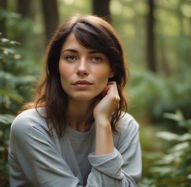 Woman pausing quietly in nature, symbolizing surrender and inner peace”