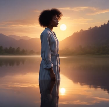 Woman pausing quietly in nature, symbolizing surrender and inner peace