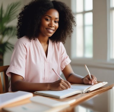 Christian woman journaling with Bible, reflecting on humility, confidence, and identity in Christ