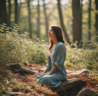 Woman pausing quietly in nature, symbolizing surrender and inner peace
