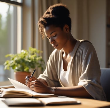 Woman journaling by a window, soft morning light casting a gentle glow across her thoughtful pause