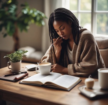 Christian woman journaling with Bible and coffee symbolising peace, surrender and trusting God