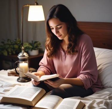 a woman having her quiet time studying the bible and reading her journaling notes sitting on a bed