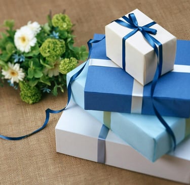 Gifts decorated in blue riboons