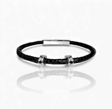 a black leather bracelet bracelet with a silver bracelet