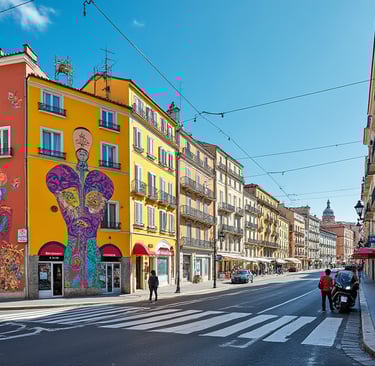 a street scene with a person walking down the Nice street