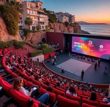 a large screen screen in a large auditorium with people sitting in front of a stage