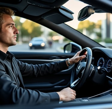 a man in a black jacket is driving a car
