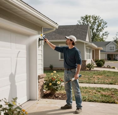 A man is painting on a wall, wearing a white shirt with red stripes and a hat. He is using a small brush on a piece of taped paper, creating an artwork that appears to depict a tree. The wall is beige and features architectural molding.