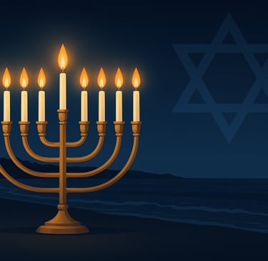 “Illustration of a glowing Hanukkah menorah with nine lit candles on Bondi Beach at night, with a faint Star of David in the