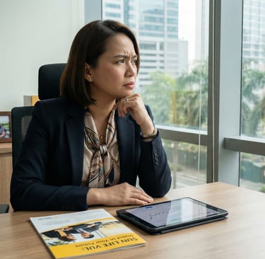 Filipino financial advisor assessing VUL fund performance at her office