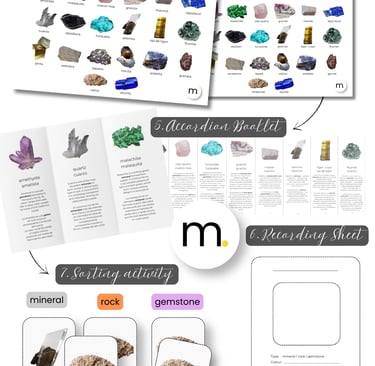 Printed Montessori Rocks and minerals bundle nomenclature English Spanish real photographs