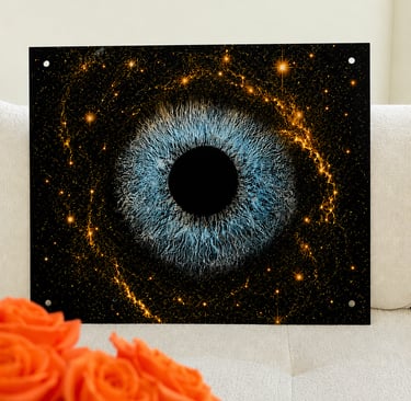 A detailed blue eye iris art print on a galaxy background with golden stars and nebulae.