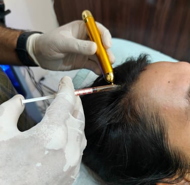 Dr. Bharat Agarwal, best plastic surgeon in Udaipur, performing advanced GFC PRP hair restoration treatment with precision