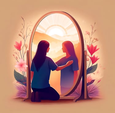 Illustration of a person standing before a mirror, witnessing a transformation towards self-love. 