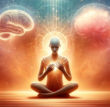  individual meditating, with a radiant brain and heart, embodying the science and serenity self-love