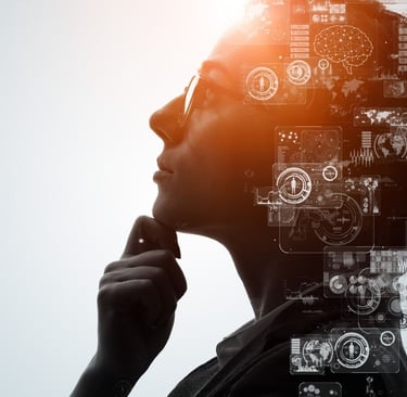 a woman thinking deeply about AI questions and ideas