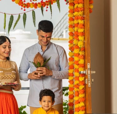 a family of three standing in front of a door