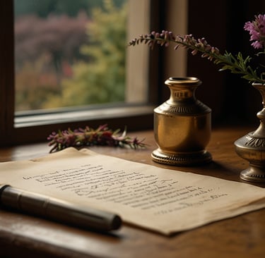 a sheet of paper with an ink well and fountain pen on a table next to a window