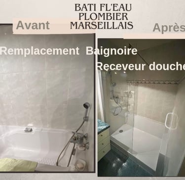 Remplacement baignoire par un receveur de douche à Marseille par le plombier Bati Fl'eau