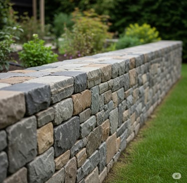 a stone and block wall with a flower bed
