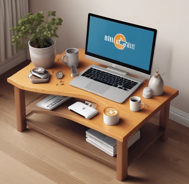 A laptop is placed on a small wooden table in a room with light-colored carpet and vertical blinds. The laptop screen displays a webpage titled 'Interactive RFID', indicating a focus on technology.