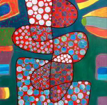 Collage sur papier rouge et turquoise
