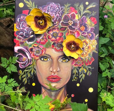 Mixed media portrait painting of a woman with 3D floral crown in a garden setting.