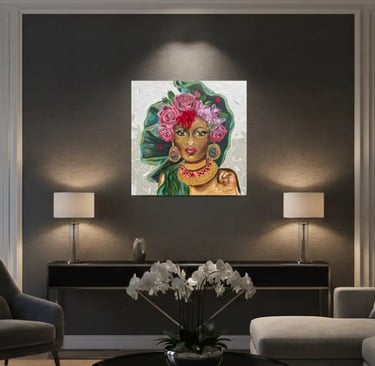 Portrait Awa sous la canopée, collection Portraits Hybrides, femme aux fleurs roses et rouges.