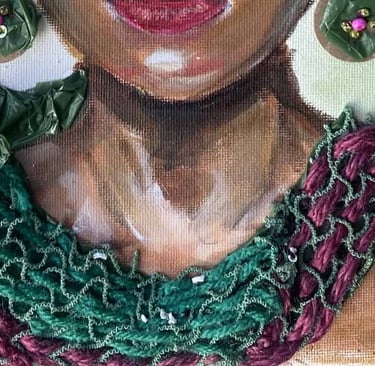 Mixed media portrait of a woman adorned with jewelry made of fishing net and textured cardboard with