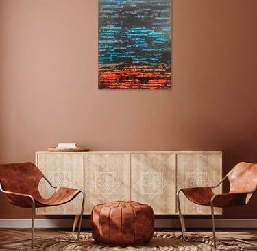 Tableau abstrait turquoise, rouge et noir intitulé "Vibrations colorées" accroché dans un décor
