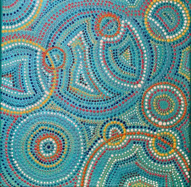 Peinture dot painting Xirkys : cercles multicolores sur fond turquoise.