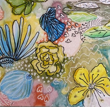 Détails de l'aquarelle fleurie jaune verte et bleue 