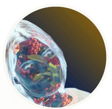 Double exposure portrait of Xirkys visual artist merged with orange berries and green leaves 2015