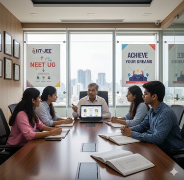 Professional Indian faculty director meeting with students in a modern coaching institute office wit