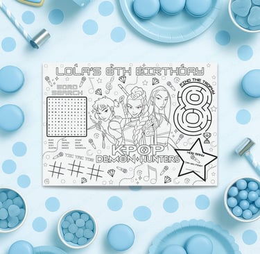 Printable KPop Demon Hunter activity sheets featuring word search, maze, and coloring page for kids.