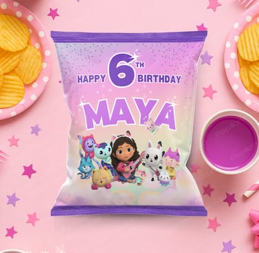 gabby's dollhouse pink and purple chip bag party favor