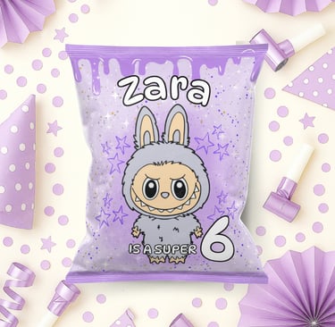 Personalized Labubu chip bags featuring all 7 Labubu characters for birthday parties