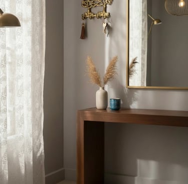 a table with a vase and a vase with flowers