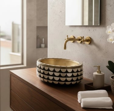sale de bain avec vasque en cuivre et texture noir et blanc atlasinou artisant