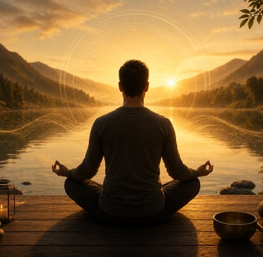A man practicing morning meditation by a calm lake at sunrise with mountains in the background.