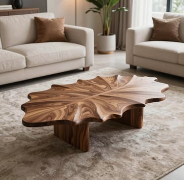 Handcrafted leaf-shaped wood coffee table in a modern living room with cream sofas and a neutral rug.