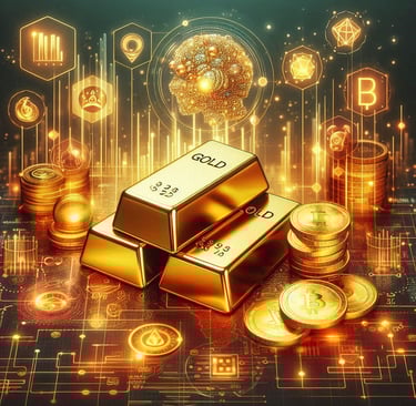 Golden coins, bars & graphs representing investment trends showcasing gold's timeless appeal & value