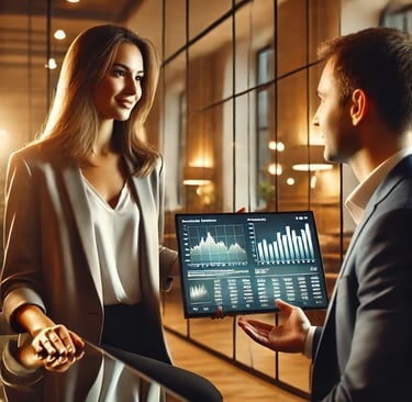 professional financial advisor discussing investment strategies with client in sophisticated setting