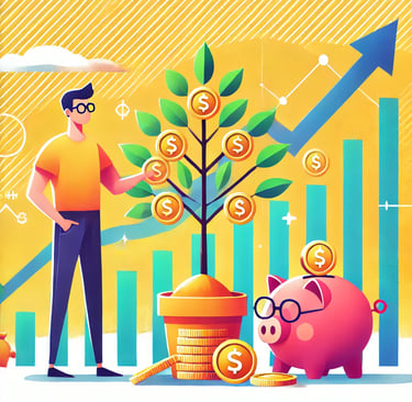 Person planting tree with golden coin leaves, symbolizing investment growth, alongside rising graph.