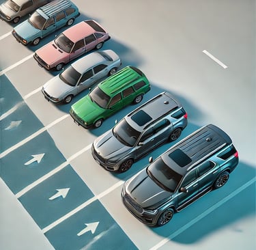 Top-view of six cars progressing from basic hatchback to luxury SUV, symbolizing vehicle aspirations