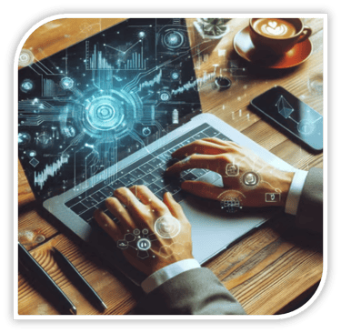 professional typing on laptop keyboard with a screen highlighting stock market growth and positivity